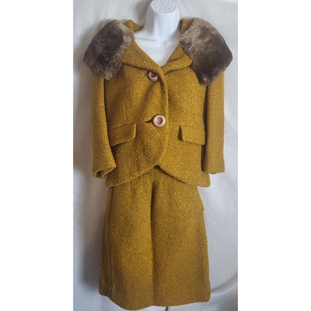 60s Wool Tweed Pencil Skirt & Short Jacket with Faux Fur Trim Vintage Size M-??